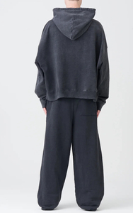 Ensemble jogging et sweat à capuche oversize noir pour homme en molleton de coton éponge délavé avec broderie style Technics - Product Image 6
