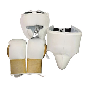 Metallic <b>Silver</b> Professional Boxing Set Leather Top Grain Cowhide Lace-Up <b>Gloves</b> Headgear Groin Guard-3-Piece Durable - Product Image 3
