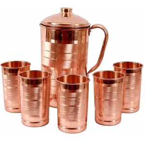 Handcrafted Cylindrical Hammered Pure <b>Copper</b> Water Jug Pitcher Set with Brass Finial <b>Knob</b> Lid & 2 Glasses - Product Image 6
