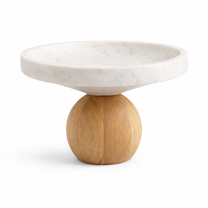 Plateau de service en marbre blanc avec base en bois noir, plateau rond surélevé pour la présentation sur table, idéal pour les repas et la décoration de maison de luxe - Product Image 6