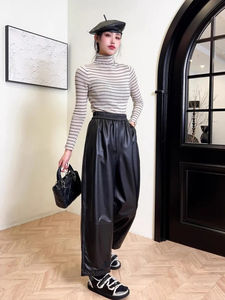 Pantalon Harem ample en véritable peau de mouton pour femme, taille élastique, en cuir véritable, style décontracté streetwear, nouvelle collection automne, confortable - Product Image 5