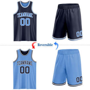 Ensemble d'uniformes de basketball réversibles 100 % polyester, maillot sublimé en mesh professionnel, short bleu nuit anti-humidité, séchage rapide - Product Image 1