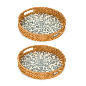 Plateau de service rond moderne en rotin incrusté de nacre pour le Ramadan et les mariages, artisanat, collations, thé - Product Image 3