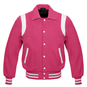 Chaquetas Bomber Varsity de Béisbol Color Rosa Intenso con Cuello y Mangas de Lana - Product Image 1
