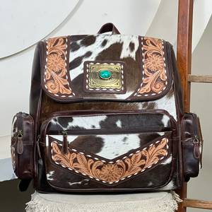 Super September Handcrafted <b>Tooled</b> Cowhide Leather Women's <b>Backpacks</b> Stylish Turquoise stone Soft Handle Travel Luggage Bags - Product Image 2