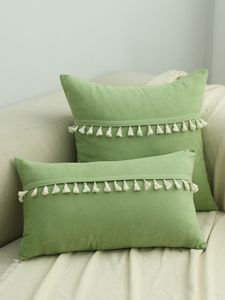 Light Green Fabric <b>Throw</b> Pillow Cover With <b>White</b> Tassels Simple Style Eco-Friendly Decorative Cushion Cover Case Home Textile - Product Image 1