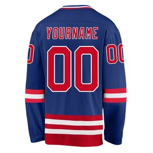 Jersey de Hockey sobre Hielo de Manga Larga con Cuello en V en Azul con Rayas Rojas y Blancas, Logotipo y Números del Equipo Personalizados, Tela Pro-poliéster - Product Image 2
