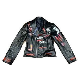 <b>Punk</b> Style Black Leather Motorcycle <b>Jacket</b> With Patches Rivets And Skull Print For Unisex Autumn Wear - Product Image 1