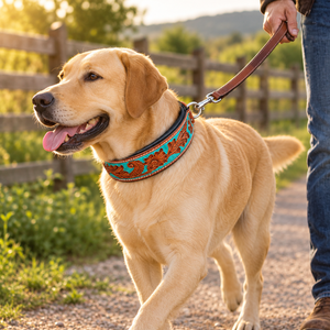 Collar de Perro de Cuero Repujado con Diseño Floral Turquesa, Tallado a Mano, Estilo Western |   Acolchado ajustable ROYAL INTERNATIONAL RI-DC04 All - Product Image 3