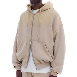 Casual Beige Abrigo Hooded <b>Zip</b>-<b>Up</b> <b>Jacket</b> with Contrast Stitching & Pockets, Relaxed Fit Outerwear for Men Oversized Sweatshirt - Product Image 4