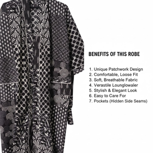 เสื้อคลุมกิโมโนผ้าฝ้ายสำหรับผู้หญิง เสื้อคลุมอาบน้ำพิมพ์ลายสีดำ แขนยาว คอวี มีเข็มขัด ชุดนอน มีกระเป๋า - Product Image 5