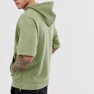 Sudadera con capucha personalizada con cremallera y manga corta, de color liso, para pedidos al por mayor, con estampado y bordado, de algodón y felpa, fabricante de ropa urbana - Product Image 2