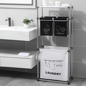 Cesto Portabiancheria a 3 Livelli con 4 Sacchi Rimovibili per Organizzare Biancheria Chiara e Scura, Tre Ganci per Uso in Bagno - Product Image 3