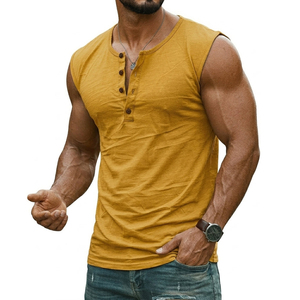 Débardeurs de musculation pour hommes OEM, col Henley boutonné, sans manches, coupe ajustée, vêtements de sport vierges, vente en gros - Product Image 5