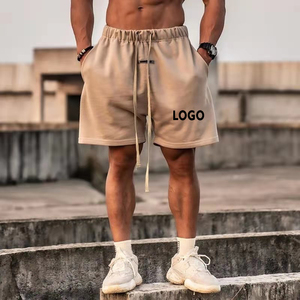 Pantalones cortos de algodón beige sólido para hombre, con cordón ajustable en la cintura, estilo casual, de longitud media, con logo frontal, conjuntos de pantalones cortos para hombre - Product Image 6