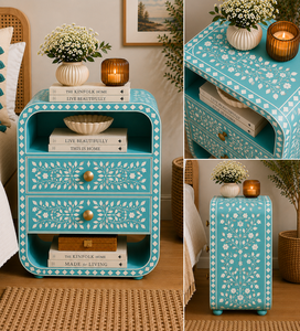Bohemian Style Resin Bone Inlay Nightstand With Drawers & Shelf Cabinet <b>Bedside</b> End <b>Table</b> For Bedroom Hotel Luxe Accent Cabinet - Product Image 4