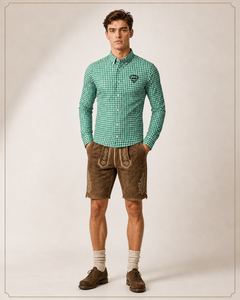 Ensemble de costume traditionnel bavarois allemand pour homme, Lederhosen personnalisé de qualité supérieure, short en cuir authentique, chemise à carreaux verts - Product Image 5