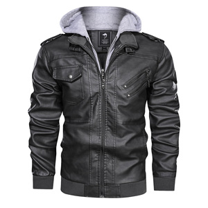 Veste à capuche en cuir noir pour homme, manches longues, coupe-vent, style automne - Product Image 6