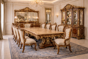 Ensemble de table à manger de style luxueux, meubles de salle à manger classiques en teck, blanc et or, suite de salle à manger hautement sculptée - Product Image 5