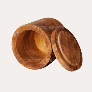 Bol à sel et poivre en bois d'acacia biologique Boîte à épices ronde avec cuillère Outil d'herbes et d'épices pour usage domestique - Product Image 3