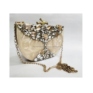 <b>White</b> Resin Clutch with Gold Floral Handle Design Handmade Designer Women Purse <b>Evening</b> Party <b>Bag</b> Wedding Accessory Wholesale - Product Image 3