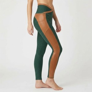 High Waist Color Blocked Yoga Leggings With Side Stripe Full Length Stretch Pants For Women Green And Brown Contrast Design - Product Image 6