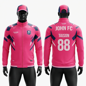 Chaqueta de Entrenamiento para Equipo de Fútbol, Impermeable, con Capucha, de 330 Gramos, Tejido de Poliéster/Rayón Premium, Diseño de Paneles Rosa y Azul Marino, Logotipo Personalizado - Product Image 1