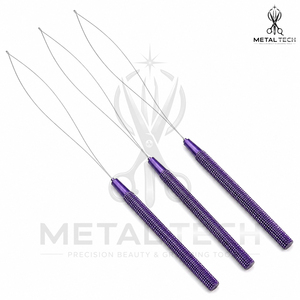 Factory Manufacturer Purple Anodized Metallic Textured Grip Wire Loop <b>Threader</b> Micro Ring Hair Extension <b>Needle</b> Tool Set - Product Image 4