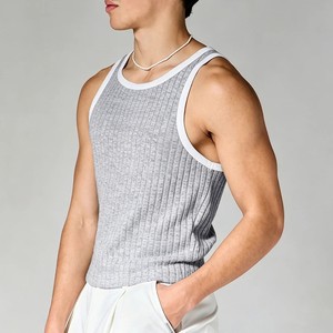 Lightweight Custom Logo <b>Men's</b> Ribbed Knitted Tank Top Solid Color O-Neck Casual Sleeveless Top Gray <b>White</b> Trim Hand Knitted <b>Vest</b> - Product Image 4