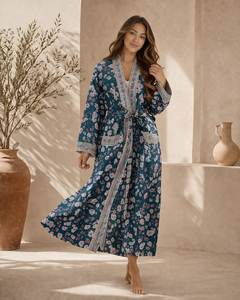 ชุดคลุมกิโมโนผ้าฝ้ายแท้ 100% พิมพ์ลายบล็อกเรียบง่าย สวมใส่สบาย ระบายอากาศได้ดี เก็บความร้อน เหมาะสำหรับเพื่อนเจ้าสาว ไซส์เดียว ชุดนอนฤดูร้อนสำหรับผู้หญิง - Product Image 4