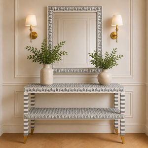 Table console chic en os incrusté avec cadre de miroir et étagère, bureau d'entrée, meuble d'appoint de luxe pour couloir, décoration d'entrée de salon - Product Image 2
