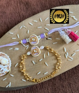 Vintage Gold Plated handmade rakhi pair Bracelet <b>Set</b> With Chain And <b>Beads</b> Women's Jewelry festival men and women rakhi pair - Product Image 2