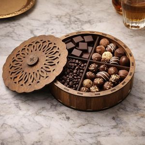 Caja de Madera para Frutos Secos con Tapa, 4 Compartimentos, Contenedor Multifuncional para Almacenar Bocadillos, Dulces, Nueces, Galletas, Plato para Servir - Product Image 4