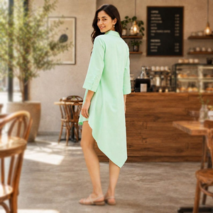<b>Womens</b> Green Cotton Shirt Dress Asymmetrical Hem Button Front Midi Dress - Product Image 3