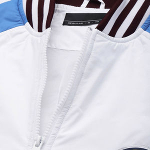 Men's White Blue Varsity <b>Jacket</b> With <b>Patchwork</b> Design Zipper Closure Casual Outdoor Sports Style - Product Image 5