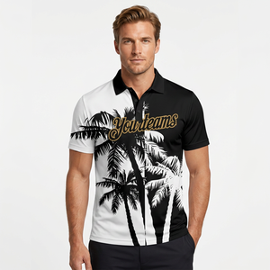 Polo pour homme noir et blanc imprimé, manches courtes, décontracté, respirant, en polyester tricoté, logo sur le devant - Product Image 5