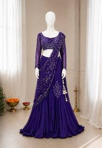 Ensemble Saree Lehenga Indien Brodé Violet avec Broderie Semi-Perles et Fil, Manches Longues, Dupatta en Tulle, pour Mariage, Diwali, Soirée, Longueur Ras du Sol - Product Image 2