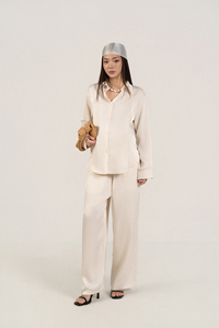 Pantalon de maternité décontracté en soie mélangée, coupe ample, taille élastique, couleur unie, anti-plis, pour femme, couleur ivoire, idéal pour l'été - Product Image 4