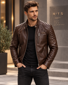 Veste moto en cuir véritable marron pour homme RITS, col montant, fermeture éclair, coupe ajustée, pour l'automne, prix de gros avantageux - Product Image 1