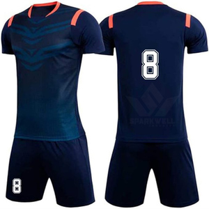 ชุดเสื้อฟุตบอลสีน้ำเงินกรมท่าสำหรับผู้ชายแบบกำหนดเอง กางเกงขาสั้นคอวี แขนสั้น ผ้าโพลีเอสเตอร์ซับเหงื่อ หมายเลข 6 ชุดทีม - Product Image 4