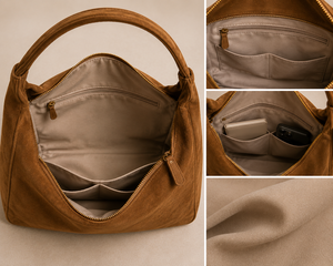 Sac fourre-tout minimaliste en daim véritable avec fermeture éclair et chaînes, couleur unie, sac à main pour femme pour un usage quotidien - Product Image 2