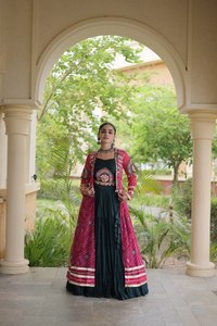 Traditional Indian Ethnic Blouse With Embroidered Red Jacket Black Lehenga Floor-Length Loose Fit Women's Wedding Wear <b>Dress</b> - Product Image 5