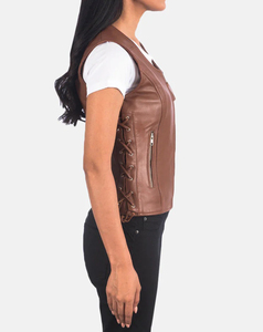 Premium Quality <b>Women's</b> <b>Brown</b> PU Leather Sleeveless Biker <b>Vest</b> With Zipper And Side Lacing Moto Style Outerwear 2026 Wholesale - Product Image 4