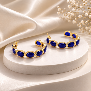 Pendientes de aro llamativos de lapislázuli, piedra preciosa azul natural, pendientes chapados en oro de 18k, joyería circular elegante hecha a mano, regalo para mujer - Product Image 1