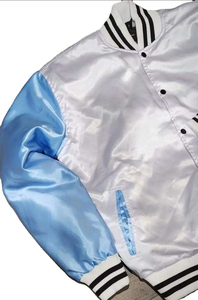 White Blue Varsity Jacket Men Preppy Style Satin Bomber Jacket Regular Fit Turn-down Collar Button Closure Autumn Wear - Product Image 4