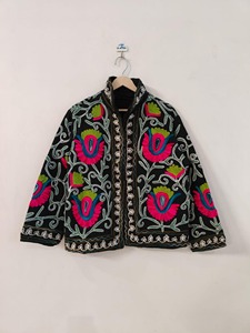 Veste en coton brodée de style chinois, col mandarin, manches trois quarts, motif floral, veste courte d'automne pour adultes - Product Image 1