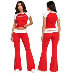 Customize Logo 2 Piece Set Workout Clothing <b>Leggings</b> <b>Flared</b> Pants Top T Shirt Loungewear Set For Women Tall Girl Set 2026 - Product Image 1