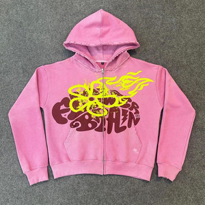 Pink Zip-Up Hoodie Unisex Streetwear Fleece Cotton Print Front Logo Regular Fit Autumn Hooded Sweatshirt - Product Image 1