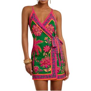 Women's Tropical Print Cami Dress Sleeveless Wrap V <b>Neck</b> <b>Tie</b> Knot Boho Short Dresses - Product Image 1