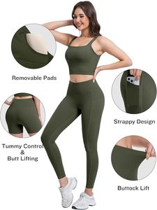 Olive Green 2 Piece Yoga <b>Set</b> <b>Square</b> Neck Crop Top High Waist Leggings Seamless With Pockets Full Length Activewear - Product Image 4